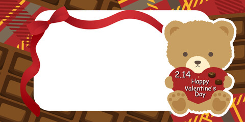 バレンタイン、ギンガムチェックと板チョコの背景と熊のフレーム