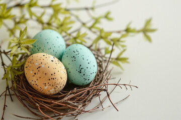 Easter composition of colored eggs lying on the table next to green twigs, on a light background, in a minimalist style, in delicate pastel colors,concept of creative Easter design and greeting cards