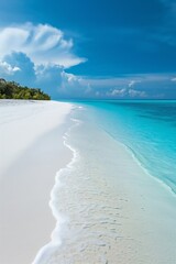 Beautiful tropical island paradise beach with palm trees, soft white sand and turquoise water