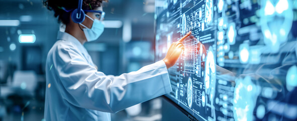 Digital healthcare on the futuristic hologram. Cardiologist doctor analyzes human anatomy on digital futuristic virtual interface, AI technology, digital