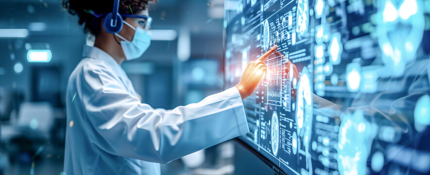 Digital healthcare on the futuristic hologram. Cardiologist doctor analyzes human anatomy on digital futuristic virtual interface, AI technology, digital