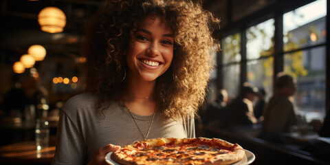 A happy woman enjoying a delicious pizza in a restaurant, radiating joy and satisfaction with the tasty meal.