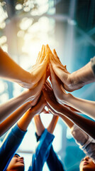 Concept of working together, friends and colleagues joining hands together in the air, close-up. - obrazy, fototapety, plakaty