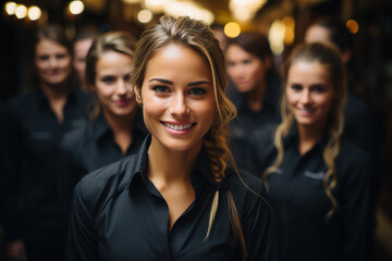 Fototapeta premium A successful and confident businesswoman leading a happy and cohesive team in a modern office environment.