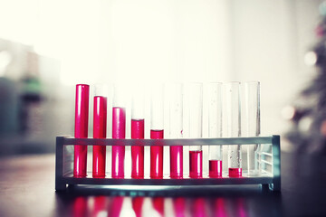 Microscopic examination of blood. Test tubes with red liquid on the laboratory table.