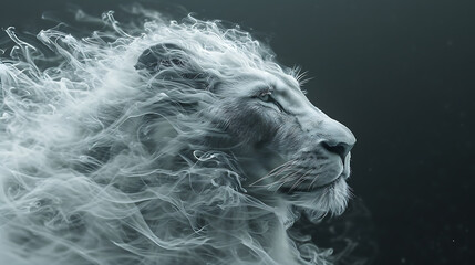 close-up, lowered head, a lion made of smoke, floating in the air