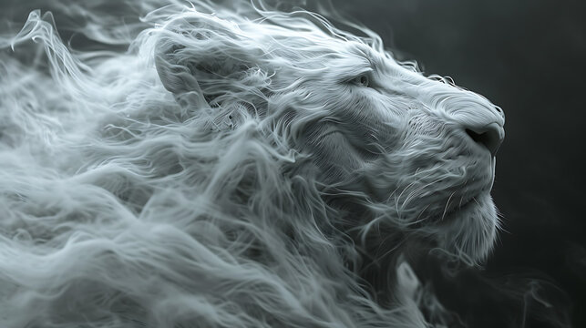 close-up, lowered head, a lion made of smoke, floating in the air
