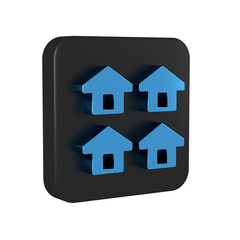 Blue House icon isolated on transparent background. Real estate agency or cottage town elite class. Black square button.