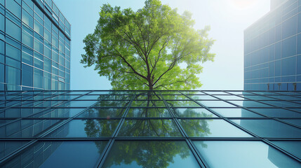 modern office buildings, office building, Sustainble green building. Eco-friendly building. Sustainable glass office building with tree, Ai generated image 