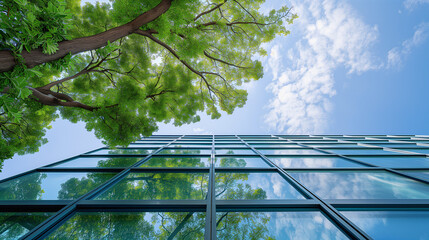 trees and blue sky, office building, Sustainble green building. Eco-friendly building. Sustainable glass office building with tree, Ai generated image 
