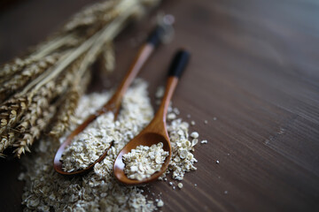 The concept of the cost of grain. 5000 ruble banknotes around a handful of ground grain. World hunger.