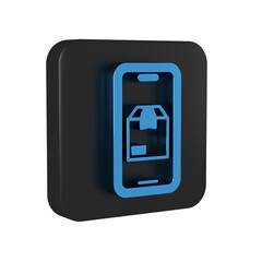 Blue Mobile smart phone with app delivery tracking icon isolated on transparent background. Parcel tracking. Black square button.