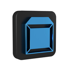 Blue Carton cardboard box icon isolated on transparent background. Box, package, parcel sign. Delivery and packaging. Black square button.