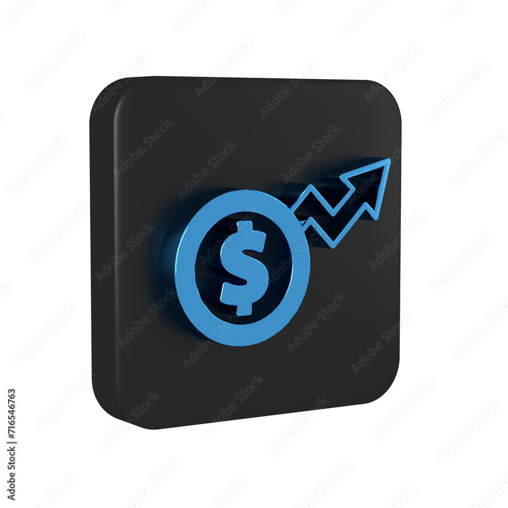 Poster Blue Financial growth dollar coin icon isolated on transparent background. Increasing revenue. Black square button.