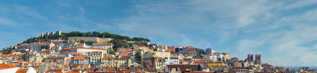 Skyline panorama of the oldest part of Lisbon with Sao Jorge Castle and Lisbon Cathedral and...