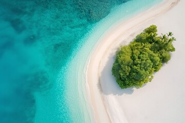 Beautiful tropical island paradise beach with green trees, soft white sand and turquoise water