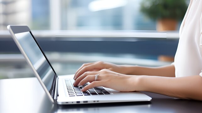 Woman using a laptop thinking in a realistic tone , Woman using laptop, thinking, realistic tone, technology