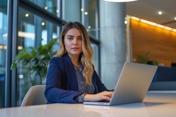 Fototapeta na wymiar Female business employee in a blue suit uses a laptop