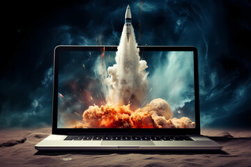 Launching Space Rocket From Laptop Screen.