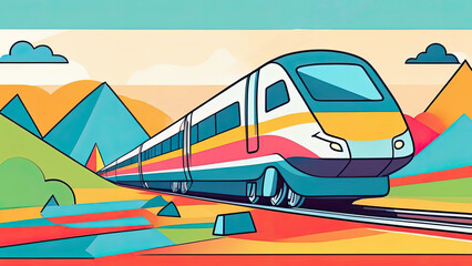 Fototapeta premium Poster with high-speed train on the mountains background. Travel and vacation lifestyle concept. Illustration in abstract style of cubism art