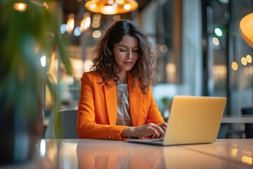 Female business employee in an orange suit uses a laptop