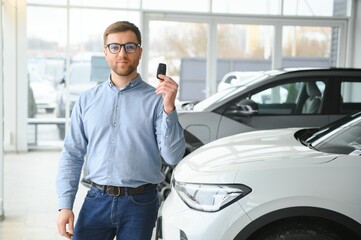 Fototapeta na wymiar Young man buying first electric car in the showroom. Eco car sale concept