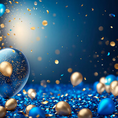 Obraz na płótnie Canvas Festive background with golden and blue balloons falling confetti blurry background and a bokeh lights. Generated AI. Blue balloon with gold confetti on blue background. 3d rendering. 