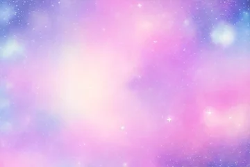 Fotobehang ホログラフィック ファンタジー虹ユニコーンの背景に雲と星。パステルカラーの空。魔法の風景、抽象的な素晴らしいパターン。かわいいキャンディーの壁紙。ベクター。 © Cobe