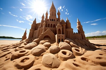 Majestic sand castle standing proudly on the beach shoreline under the blue sky - obrazy, fototapety, plakaty