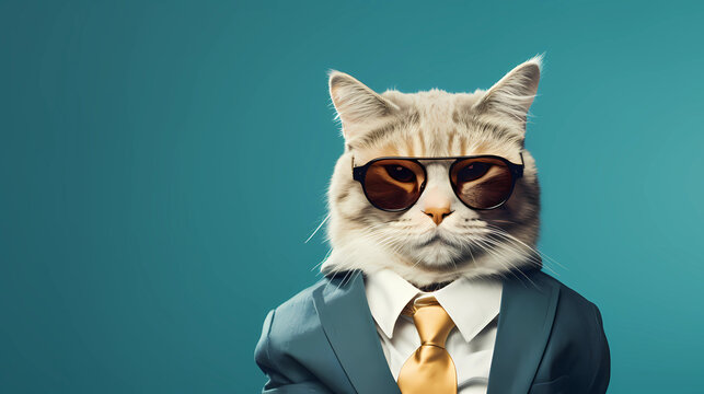 A cat wearing sunglasses and a suit with a tie