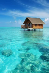 Cercles muraux Turquoise Beautiful tropical island paradise. Bungalow surrounded by turquoise ocean water