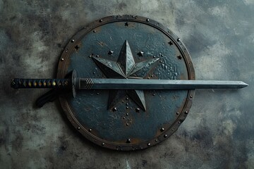 rusted metal shield with a sword placed across it