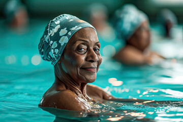 Senior African American woman in a swimming pool - obrazy, fototapety, plakaty