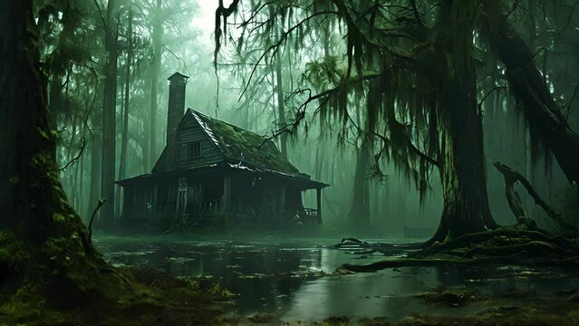 The stillness of the swamp is broken only by the faint sound of cackling laughter drifting from the eerie witchs hut, shrouded by twisted vines and gnarled trees. Fantasy animatio