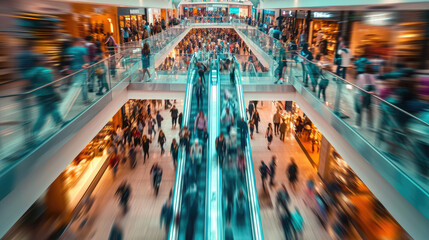 shopping mall full of people in motion, blurred people, shopping concept