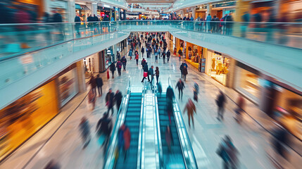shopping mall full of people in motion, blurred people, shopping concept - obrazy, fototapety, plakaty