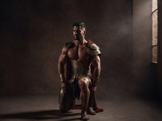 Fototapeta na wymiar Man in Gladiator Costume Sitting on Chair. Generative AI.