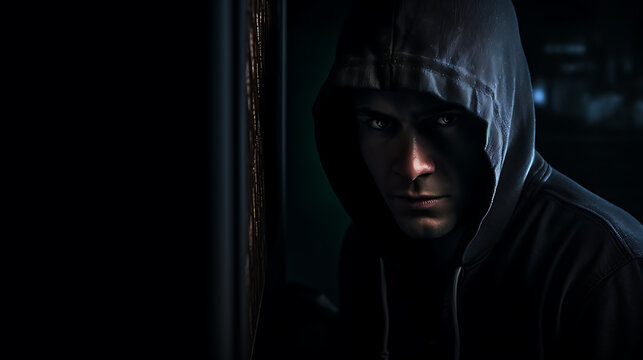 Undercover Intrigue: Man in Black Hoodie Concealed Behind the Door, Embracing the Aesthetic of Auto Body Works and Dazzling Chiaroscuro, Evoking a Mysterious Burglar Vibe