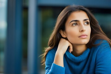 portrait of a young  girl who is deeply thinking  wearing a blue cozy sweater