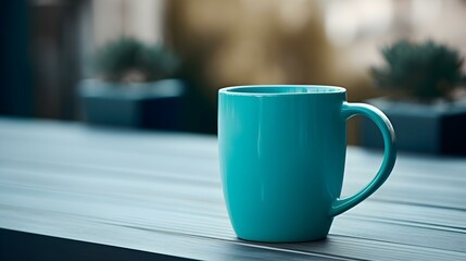 Obraz premium Balcony View of a cyan Mug on a wooden Table. Close up with a blurred Background