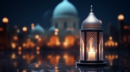 Fototapeta na wymiar Islamic Ramadan Kareem, iftar festival or Eid Mubarak banner background with Arabic candle lantern with Mosque Silhouette dome in Panoramic twilight view