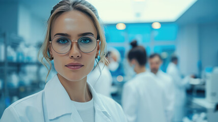 Beautiful young woman scientist wearing white coat and glasses in modern Medical Science Laboratory with Team of Specialists on background