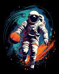 Astronaut playing basketball in space, vector illustration for apparel design