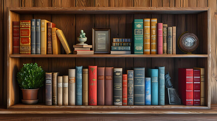 Wooden bookshelf with assorted books