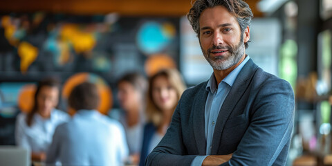 Smiling Business Team in Office, Confident Leaders and Professionals in Suits Embrace Success, Manager making a presentation to other office workers