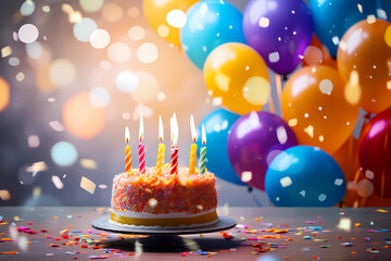 birthday party balloons, colourful balloons background and birthday cake with candles