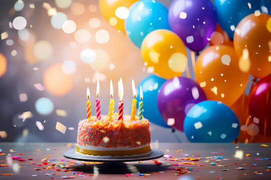 birthday party balloons, colourful balloons background and birthday cake with candles
