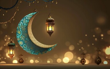 crescent blue moons with lamp realistic eid mubarak, muslim islamic lanterns hanging. bokeh and blureed ramadan background with copy space
