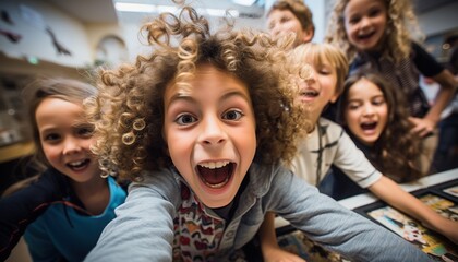 Un grupo de niños alegres jugando juntos y divirtiéndose en el colegio.Mirando a cámara y sonriendo. Imagen selfie. Concepto de amistad - obrazy, fototapety, plakaty