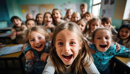 Un grupo de niños alegres jugando juntos y divirtiéndose en el colegio.Mirando a cámara y sonriendo. Imagen selfie. Concepto de amistad - obrazy, fototapety, plakaty